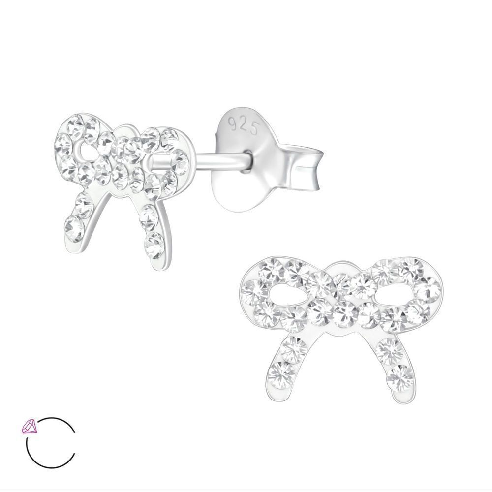 Girls Sterling Silver Clear Swarovski Bow Earrings
